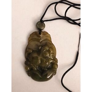 Vintage Asian Carved Stone Pixiu Pendant Natural Green & Russet Amulet